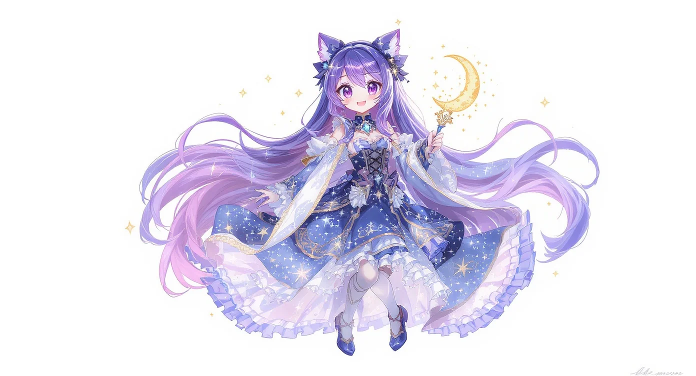A full-body digital illustration of a unique female VTuber avatar with a celestial theme, featuring purple gradient hair and a star-adorned outfit, set against a plain white background.