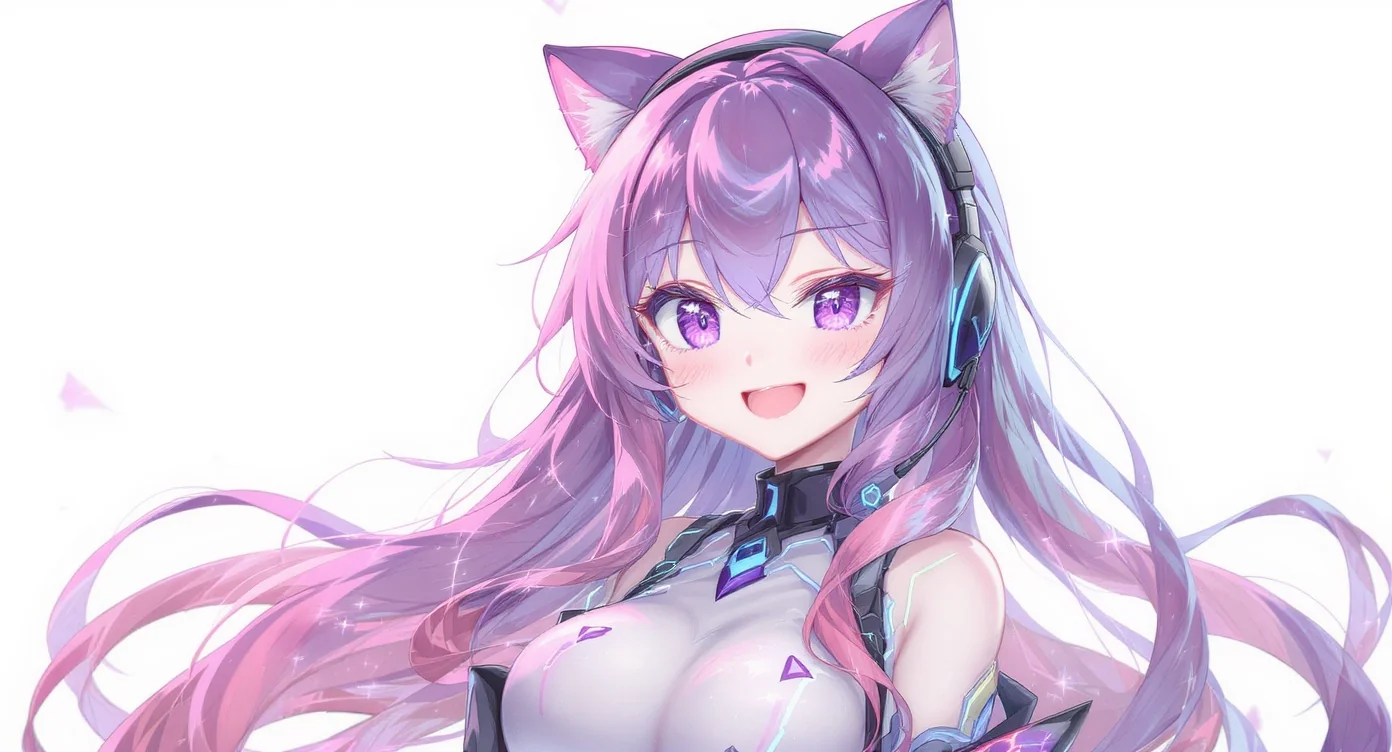 A professionally designed anime VTuber avatar of a girl with pink and blue gradient hair, futuristic clothing, and cat-ear headphones, winking against a solid white background.