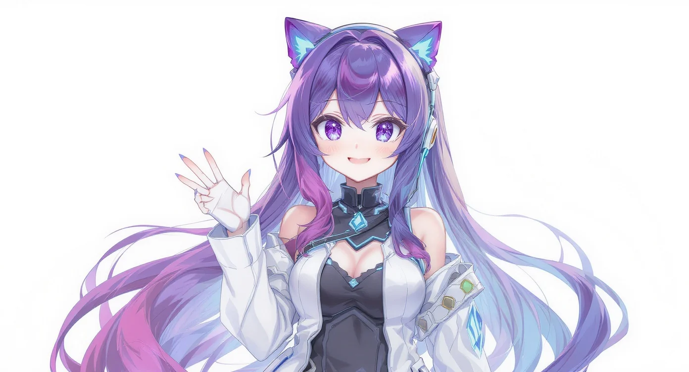 A digital illustration of a female VTuber avatar with long purple and blue gradient hair, wearing a futuristic white jacket and headset, waving cheerfully against a plain white background.