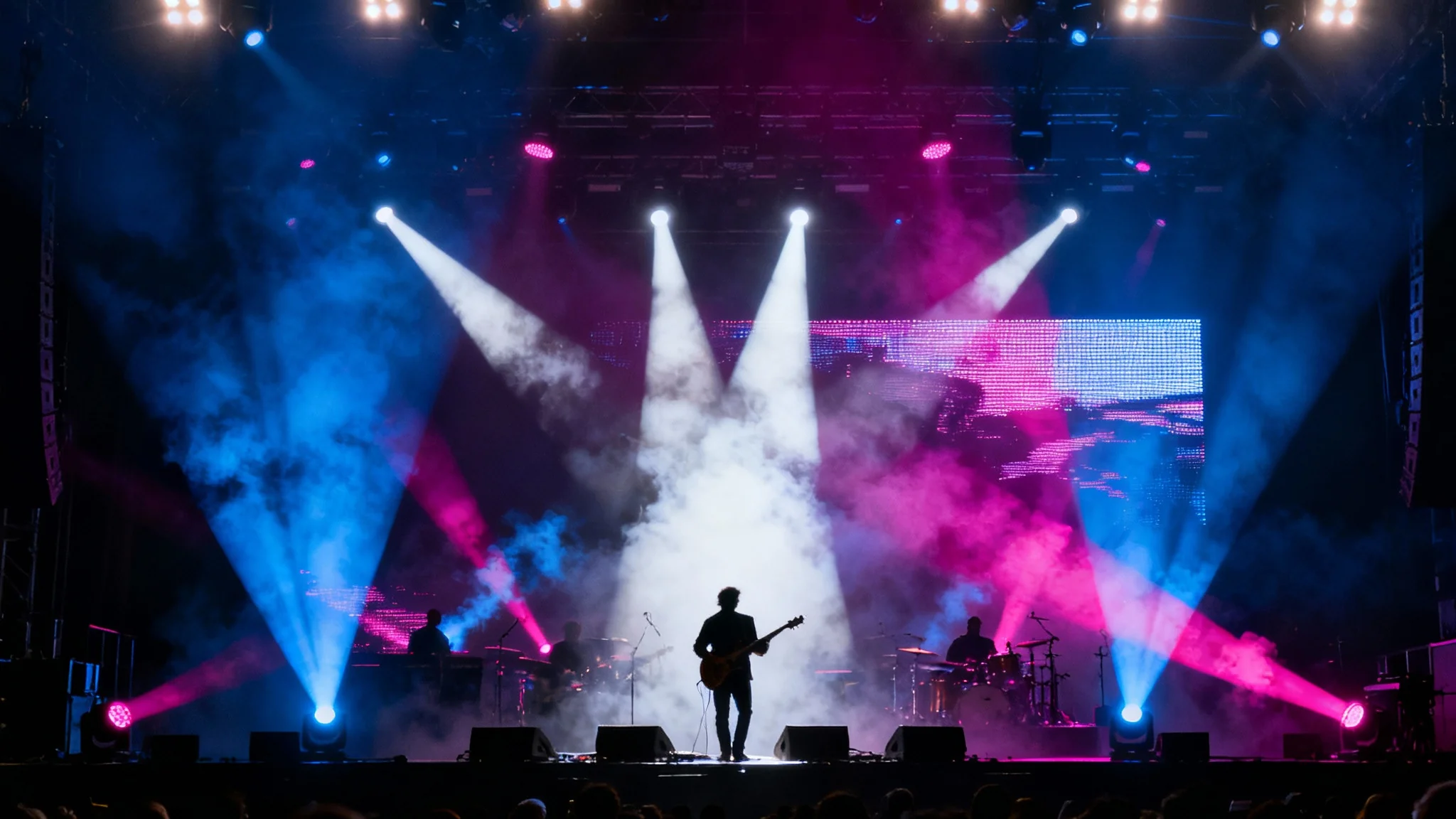 A live concert on a grand stage, showcasing a spectacular and professional stage lighting design with vibrant blue and magenta lights and haze effects.