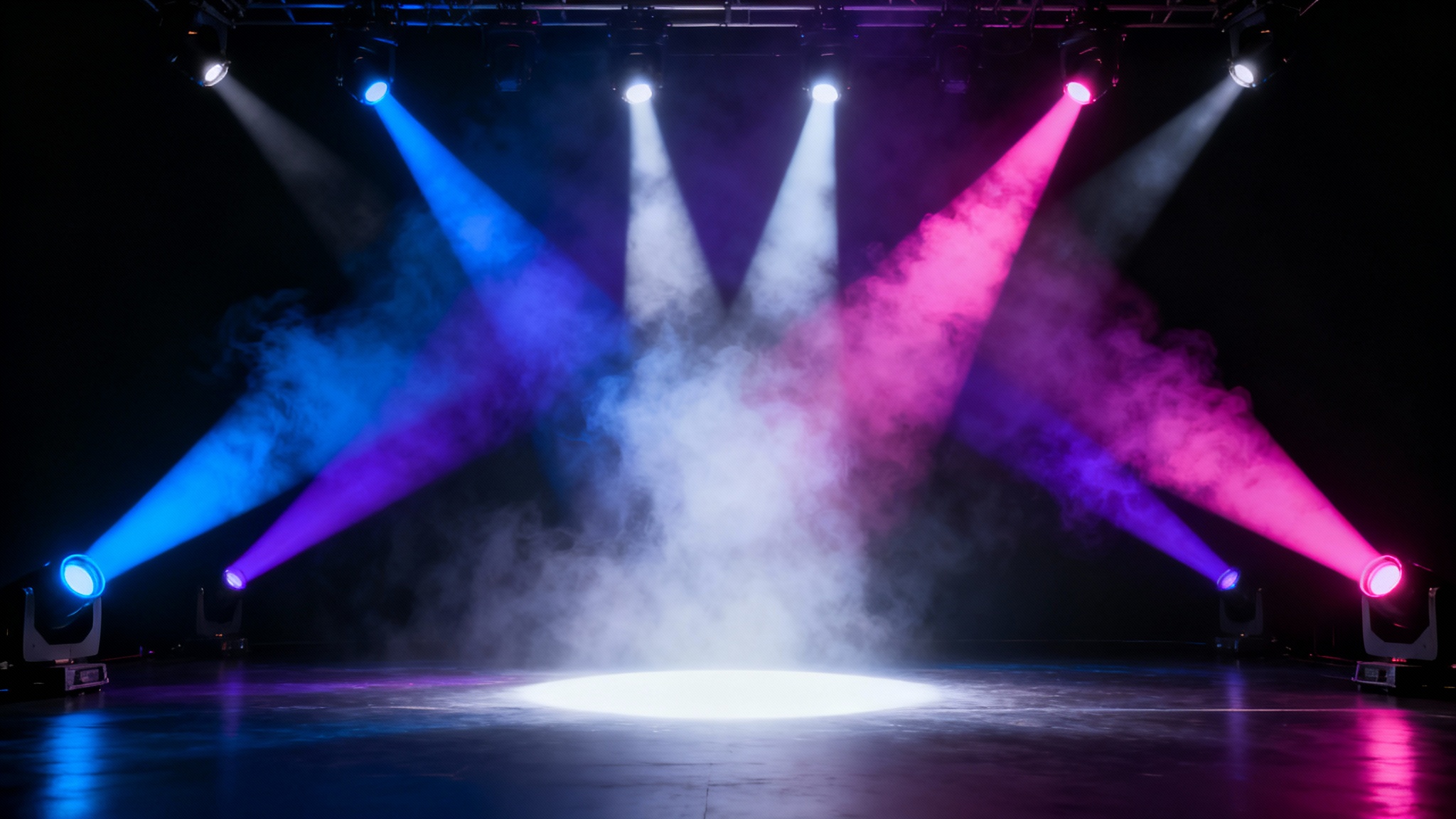 A dynamic stage lighting setup with vibrant blue, purple, and pink beams of light cutting through a dark, empty stage against a black background.