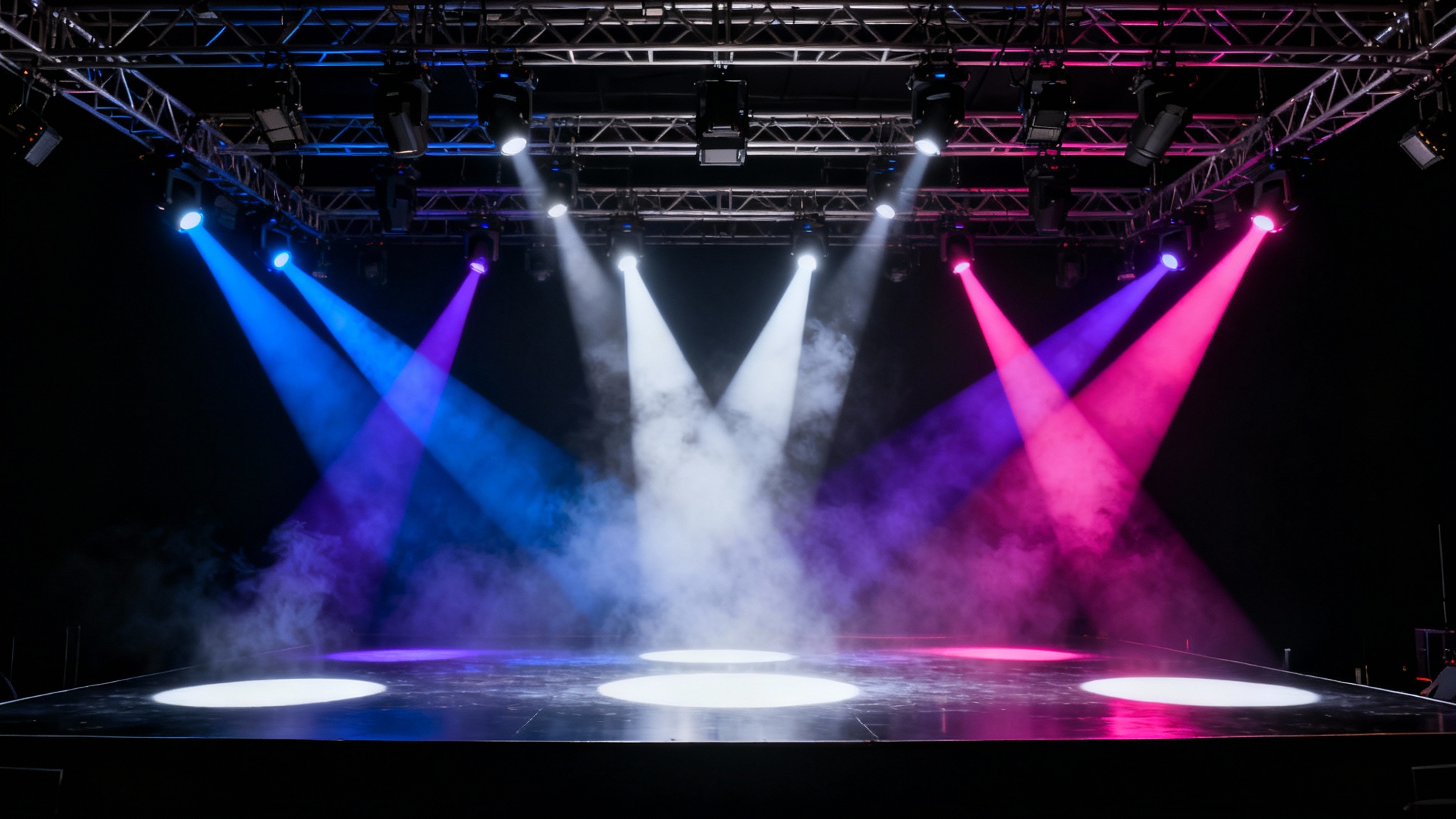 A dramatic view of an empty stage with a sophisticated lighting rig, casting vibrant blue, purple, and magenta beams through a light haze against a black background.
