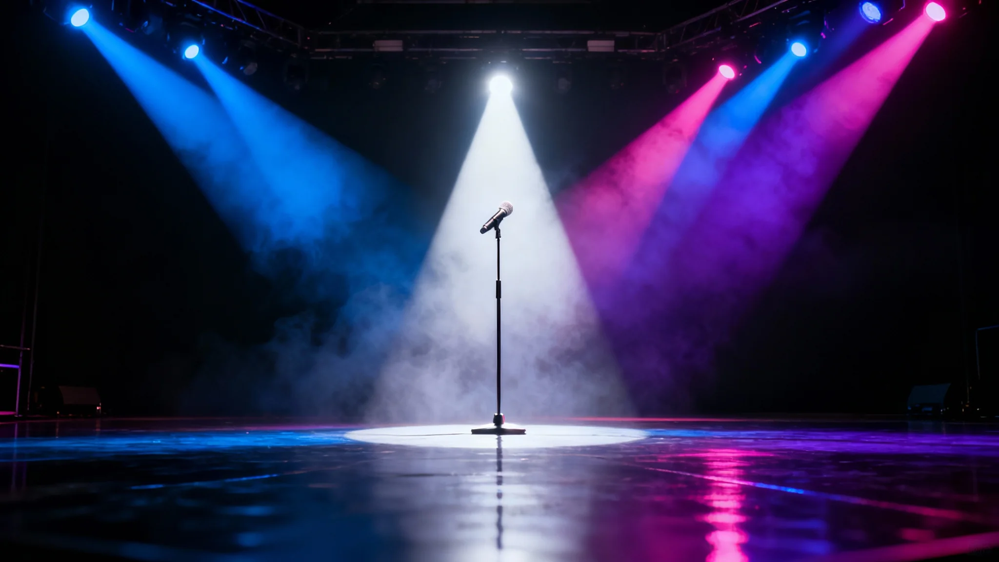 An empty stage with a microphone at the center, dramatically lit by intersecting beams of blue, purple, and magenta stage lights against a black background.