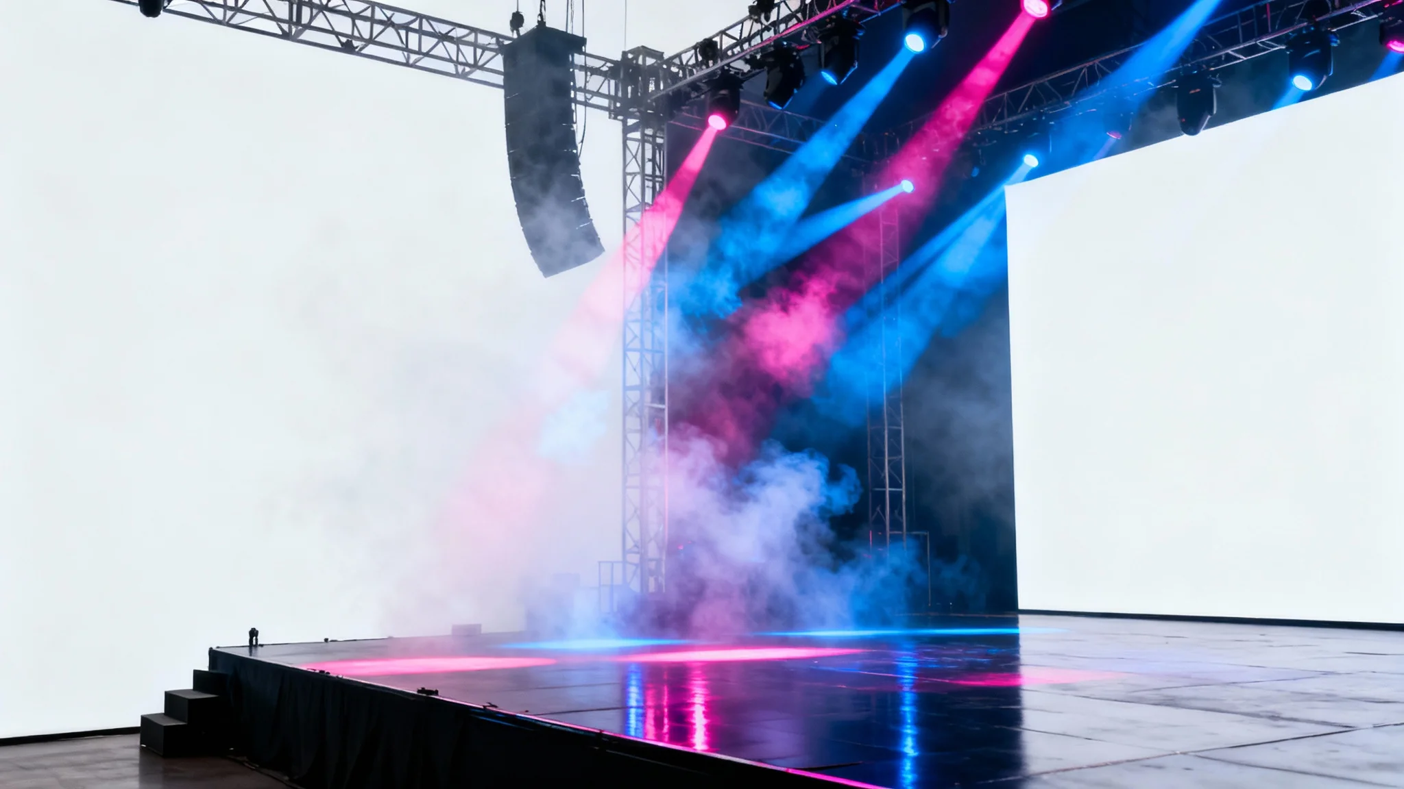An empty concert stage with a dramatic display of colorful stage lighting, featuring vibrant blue and magenta beams cutting through haze, all set against a clean white background.