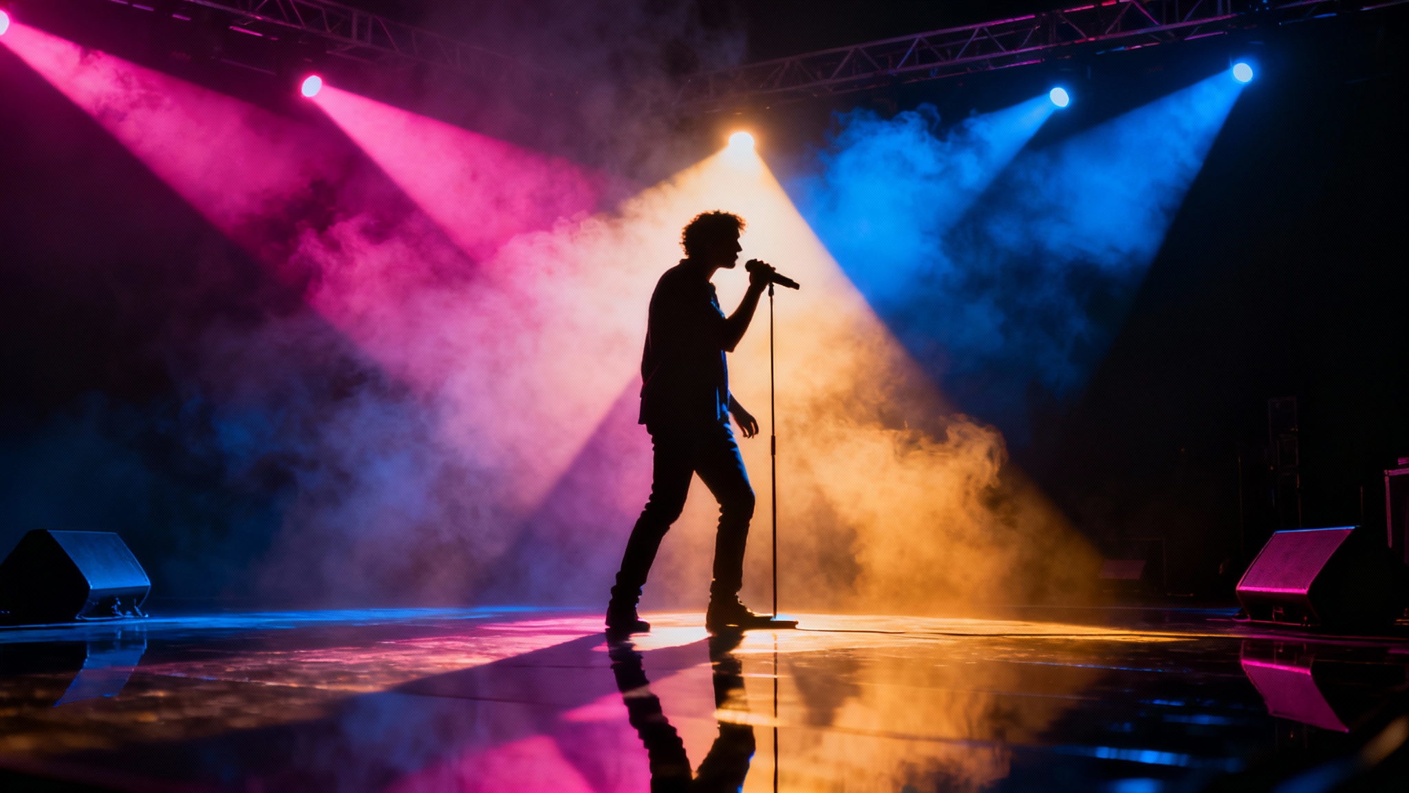 A dramatic photo of a concert stage with a singer silhouetted against powerful beams of magenta and blue stage lighting cutting through the hazy air.