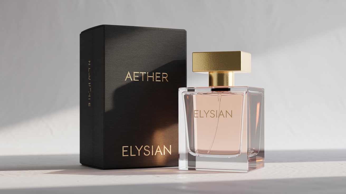 A luxury perfume mockup showing a geometric glass bottle with a gold cap and its matte black and gold box, displayed against a stark white background in a product photography style.