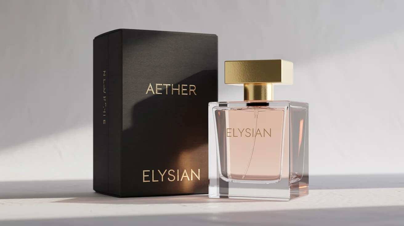 A luxury perfume mockup showing a geometric glass bottle with a gold cap and its matte black and gold box, displayed against a stark white background in a product photography style.