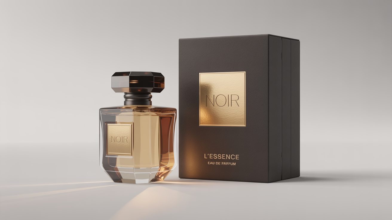 A photorealistic mockup of a luxury perfume, showing a faceted glass bottle with a black cap and its matching matte black box with gold foil text reading 'NOIR L'ESSENCE', set against a plain white background.