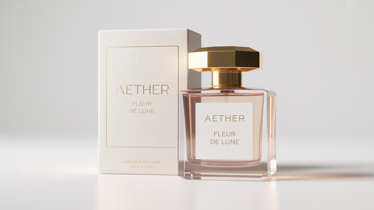 A photorealistic mockup of a luxury perfume, featuring a geometric glass bottle with a gold cap and its elegant ivory and gold box, displayed against a pristine white background.