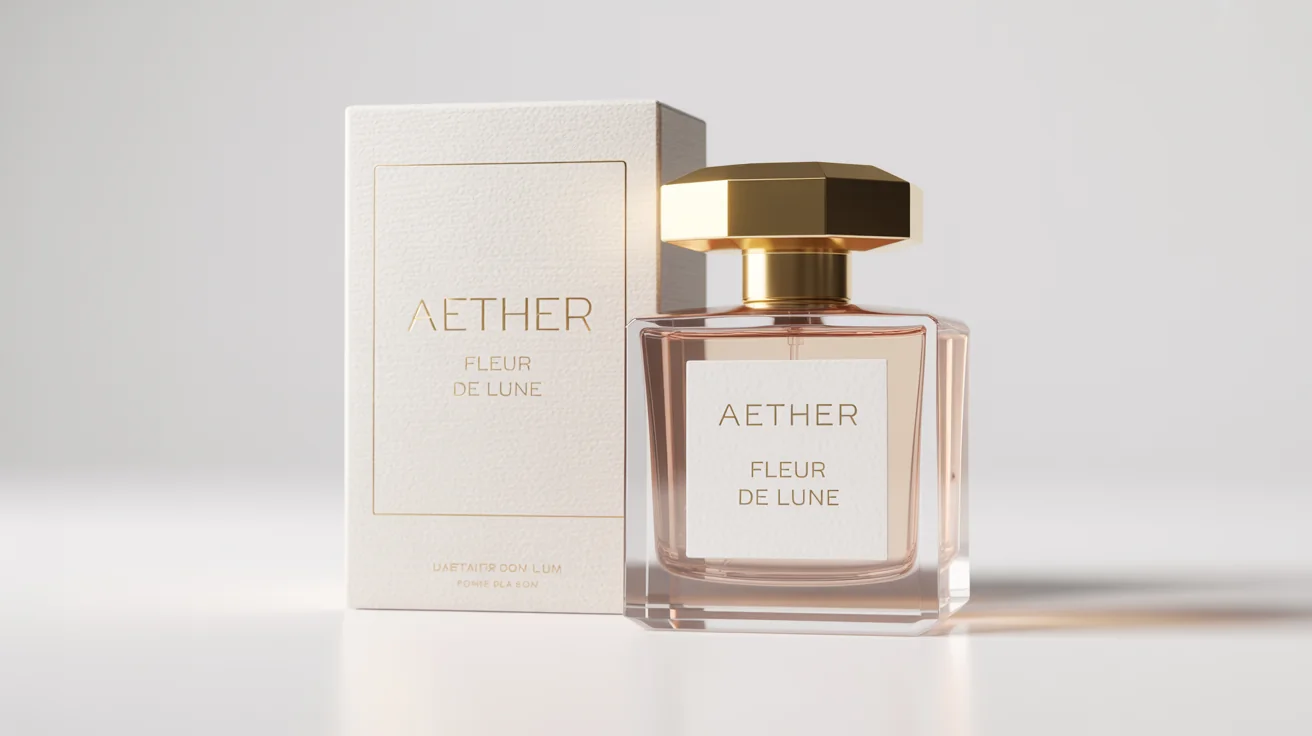 A photorealistic mockup of a luxury perfume, featuring a geometric glass bottle with a gold cap and its elegant ivory and gold box, displayed against a pristine white background.