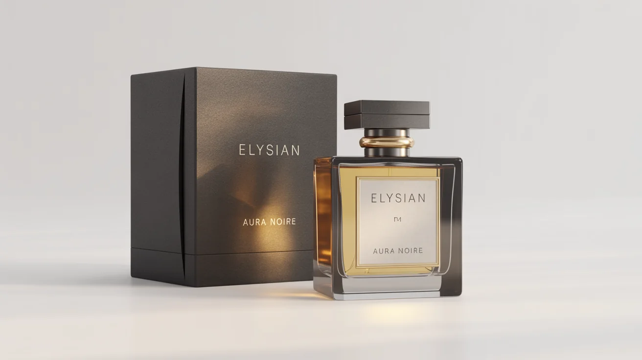 A mockup of a luxury perfume package, featuring a sleek glass bottle with a black and gold cap next to its elegant matte black box with gold lettering, set against a clean white background.