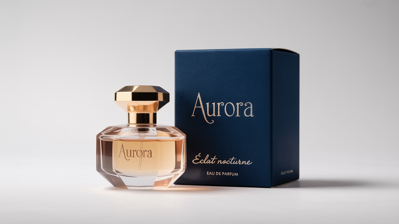 A photorealistic mockup of a luxury perfume set against a white background. A geometric glass bottle with a gold cap sits next to its navy blue and gold-embossed box labeled 'AURORA' and 'Éclat Nocturne'.