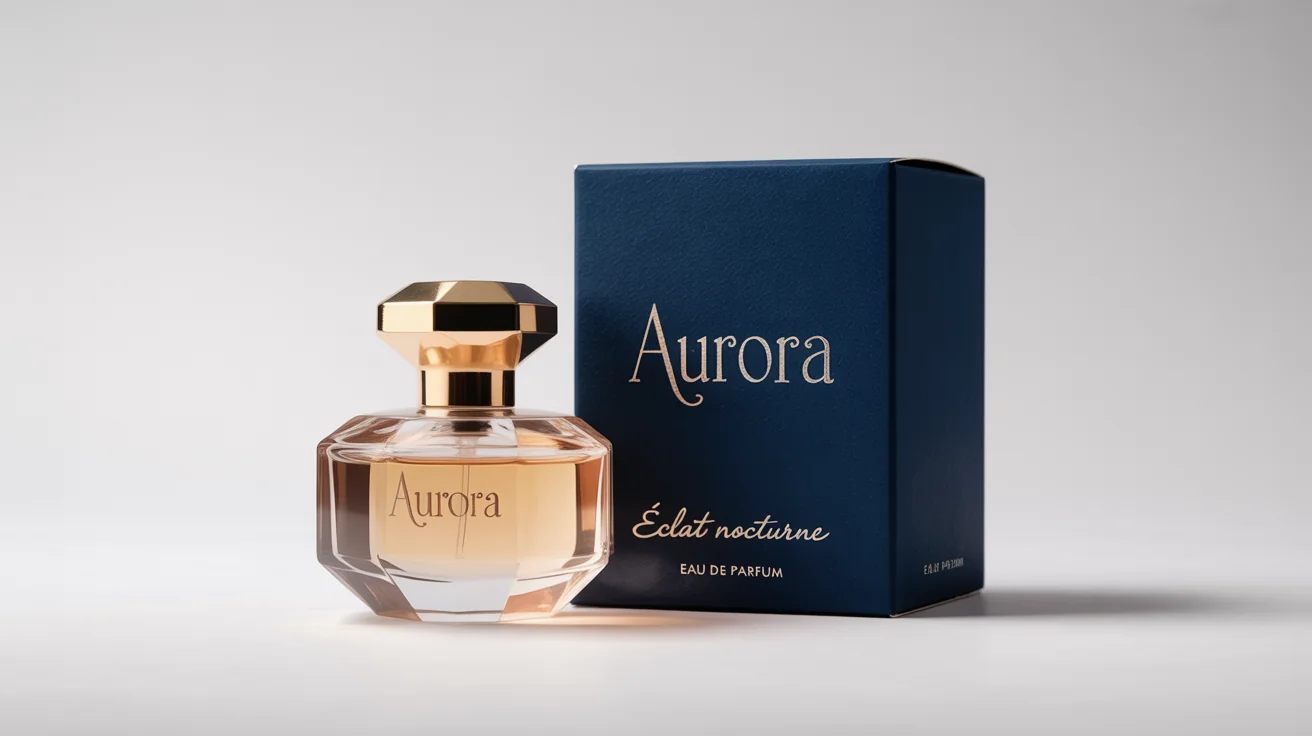 A photorealistic mockup of a luxury perfume set against a white background. A geometric glass bottle with a gold cap sits next to its navy blue and gold-embossed box labeled 'AURORA' and 'Éclat Nocturne'.