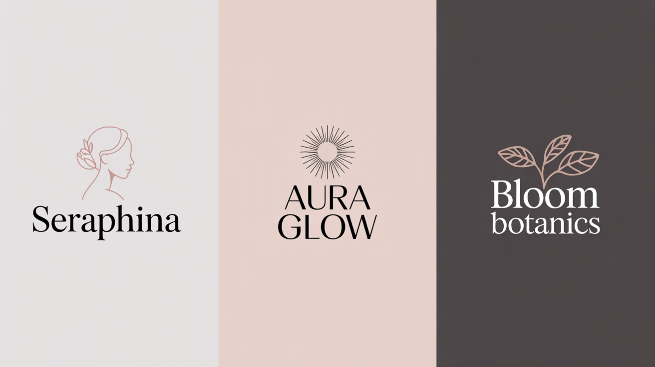 Three different modern beauty logos displayed horizontally. The logos are for fictional brands 'Seraphina', 'Aura Glow', and 'Bloom Botanics', each with a unique icon and font style in a rose gold and pink color scheme.