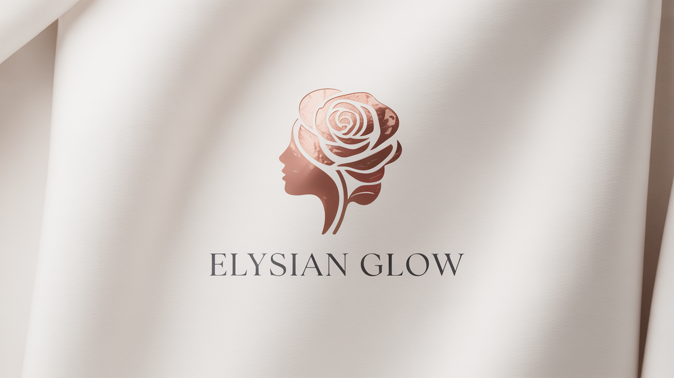 An elegant beauty logo mockup for 'Elysian Glow' featuring a rose gold icon of a woman's profile and a flower, displayed on a clean white background.