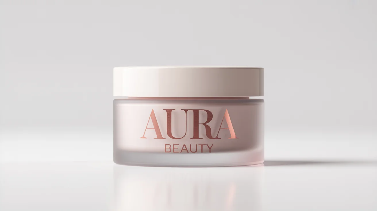 A photorealistic mockup of a beauty logo for 'AURA BEAUTY' in rose gold, elegantly displayed on a frosted glass cosmetic jar against a plain white background.