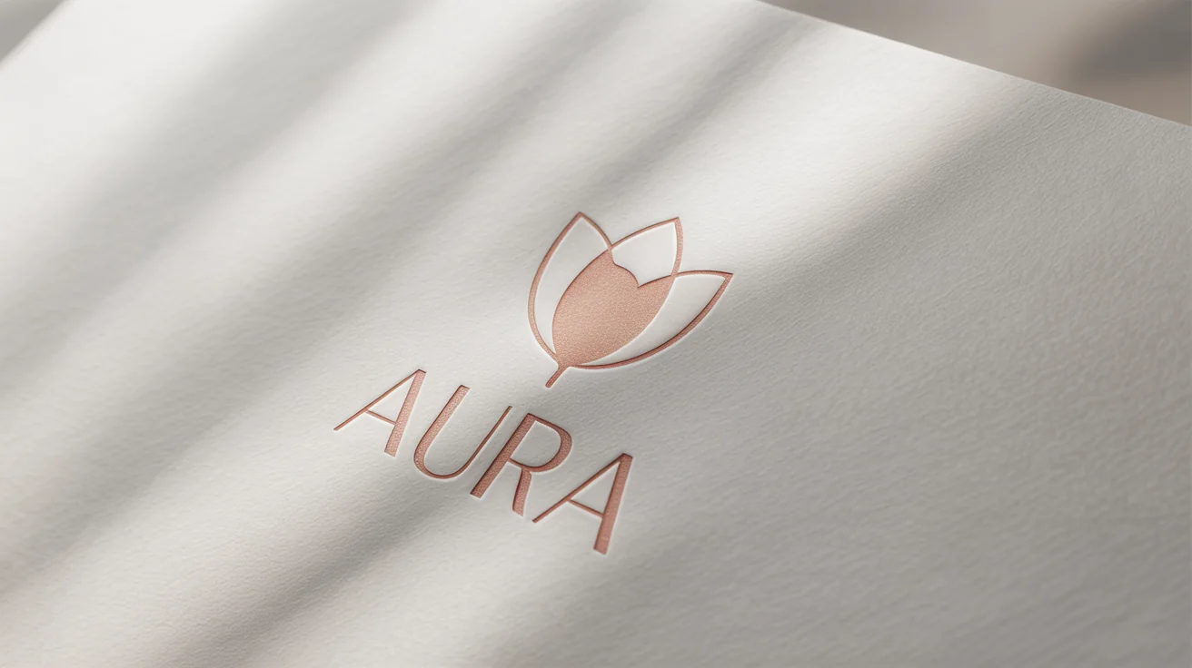 A mockup of an elegant beauty logo for the brand 'AURA,' featuring a rose gold foil design of a lotus flower on textured white paper.