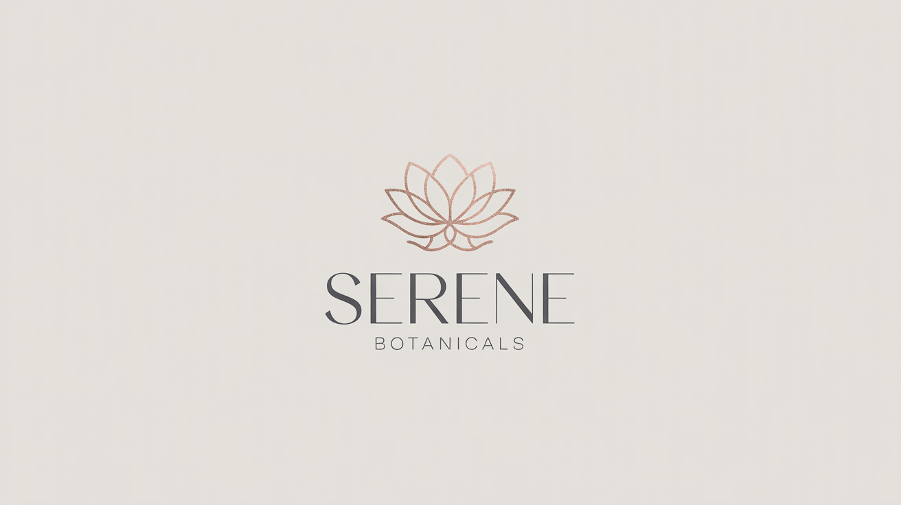 A luxurious and minimalist beauty logo for the brand 'SERENE BOTANICALS', featuring a rose gold lotus flower icon on an off-white background.
