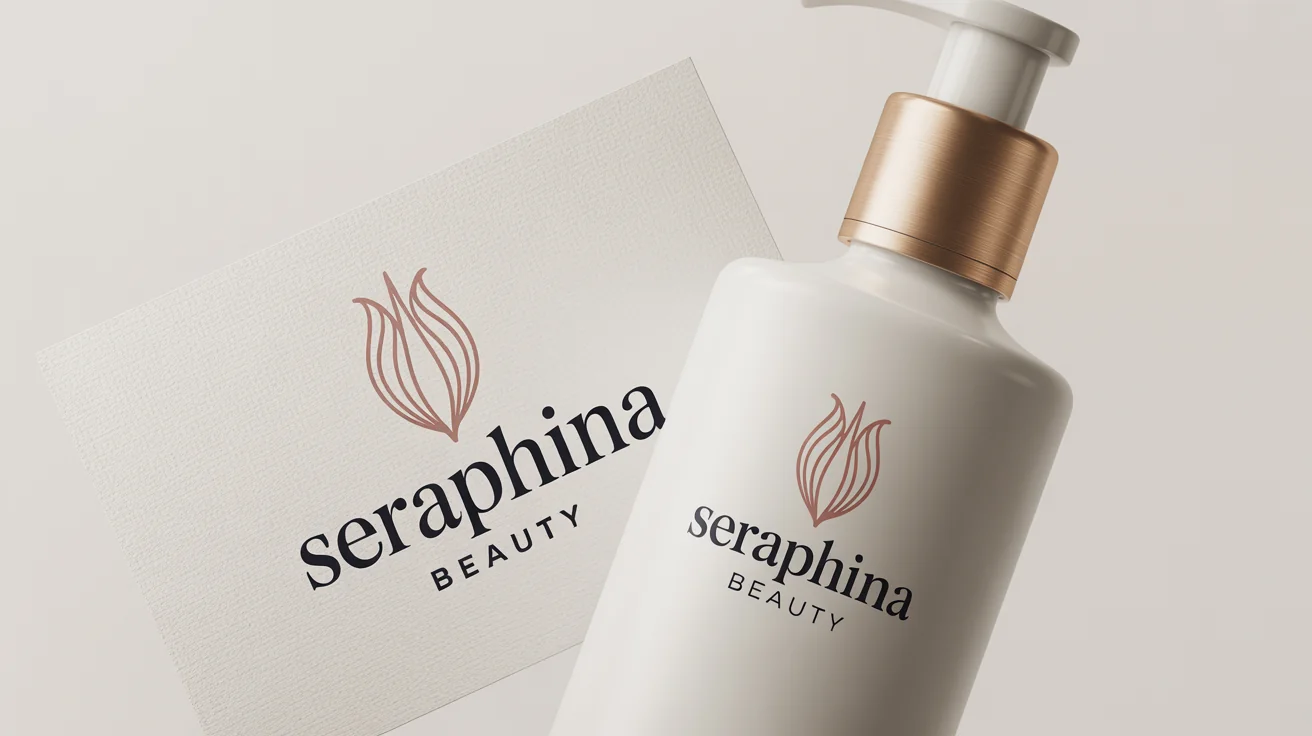 A professional mockup of a beauty logo for 'Seraphina Beauty', featuring a stylized flower icon on a cosmetic bottle and a business card against a white background.