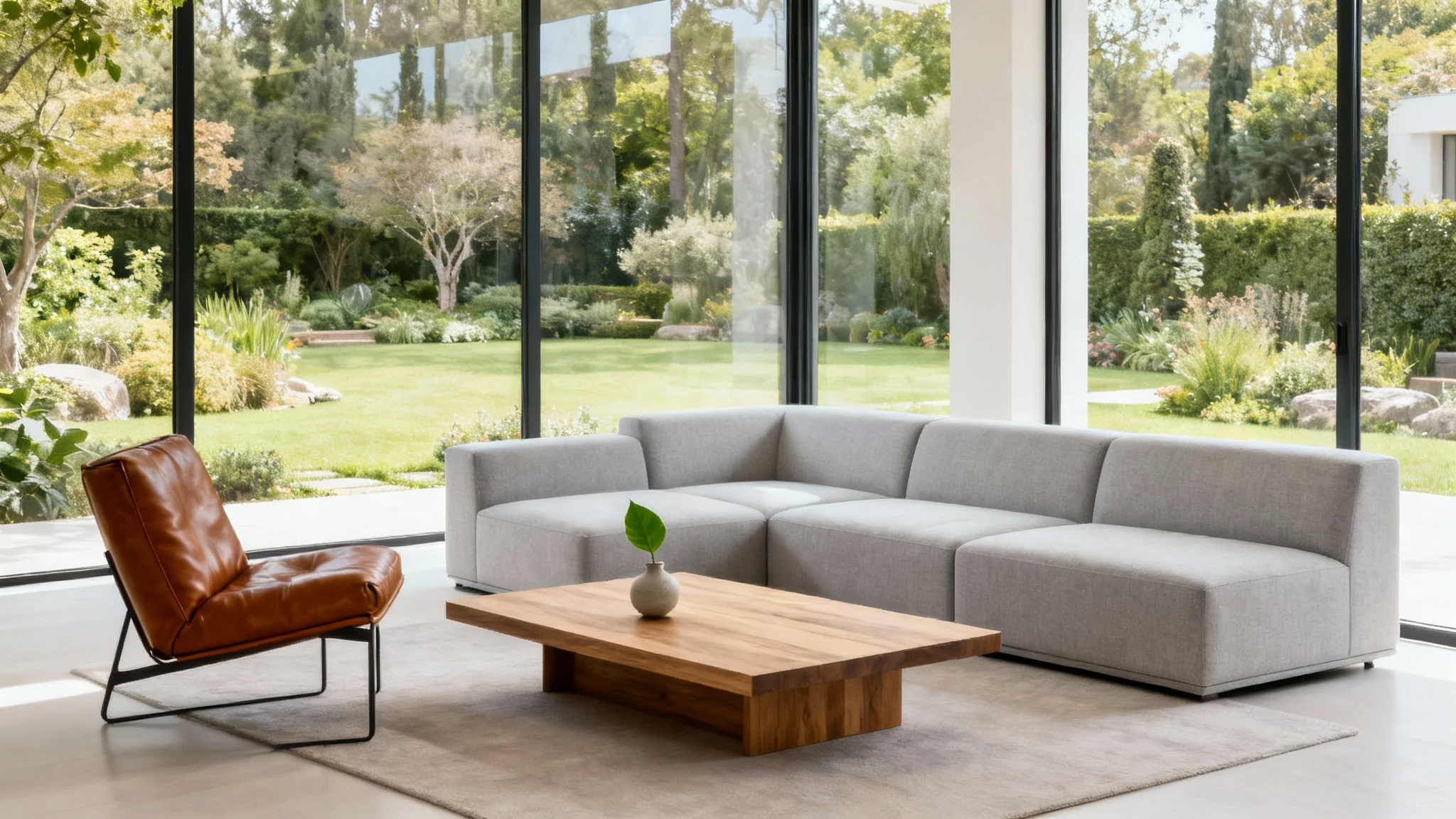 A beautifully staged modern living room featuring a sleek grey sectional sofa, a minimalist wooden coffee table, and a leather accent chair, all bathed in natural light from large windows.