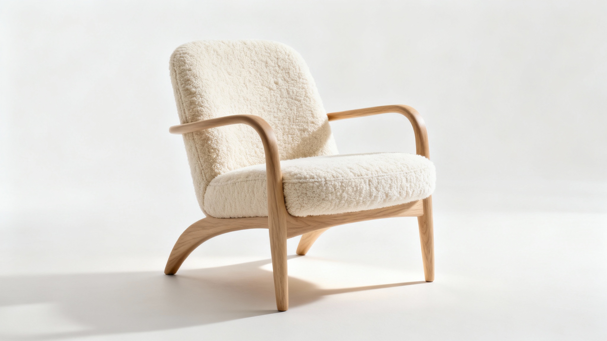 A modern, stylish armchair with a light wood frame and a textured cream fabric seat, presented in a minimalist setting against a solid white background.