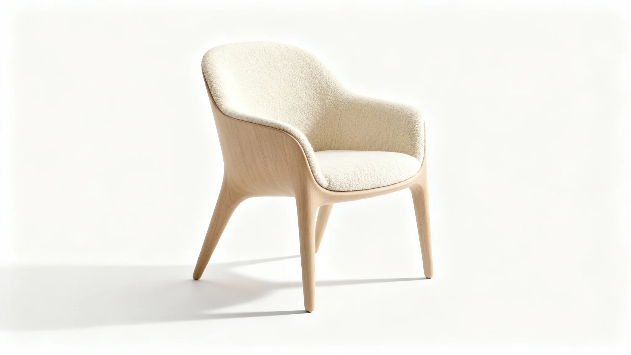 A high-end, modern minimalist armchair with a light ash wood frame and cream bouclé fabric, professionally photographed against a stark white background.
