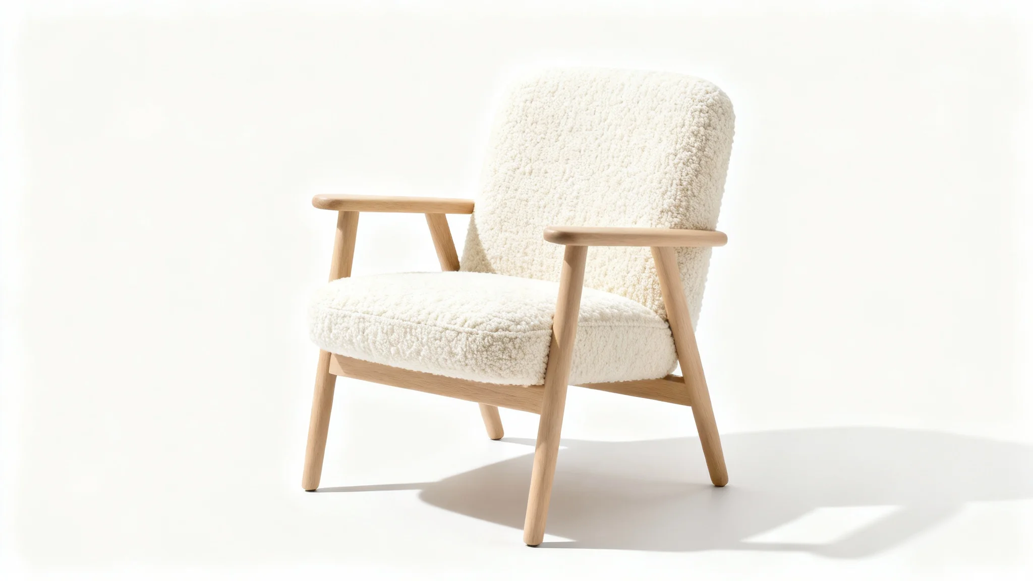A photorealistic mockup of a modern Scandinavian-style armchair with off-white bouclé fabric and a light oak frame, presented in a studio setting against a plain white background.