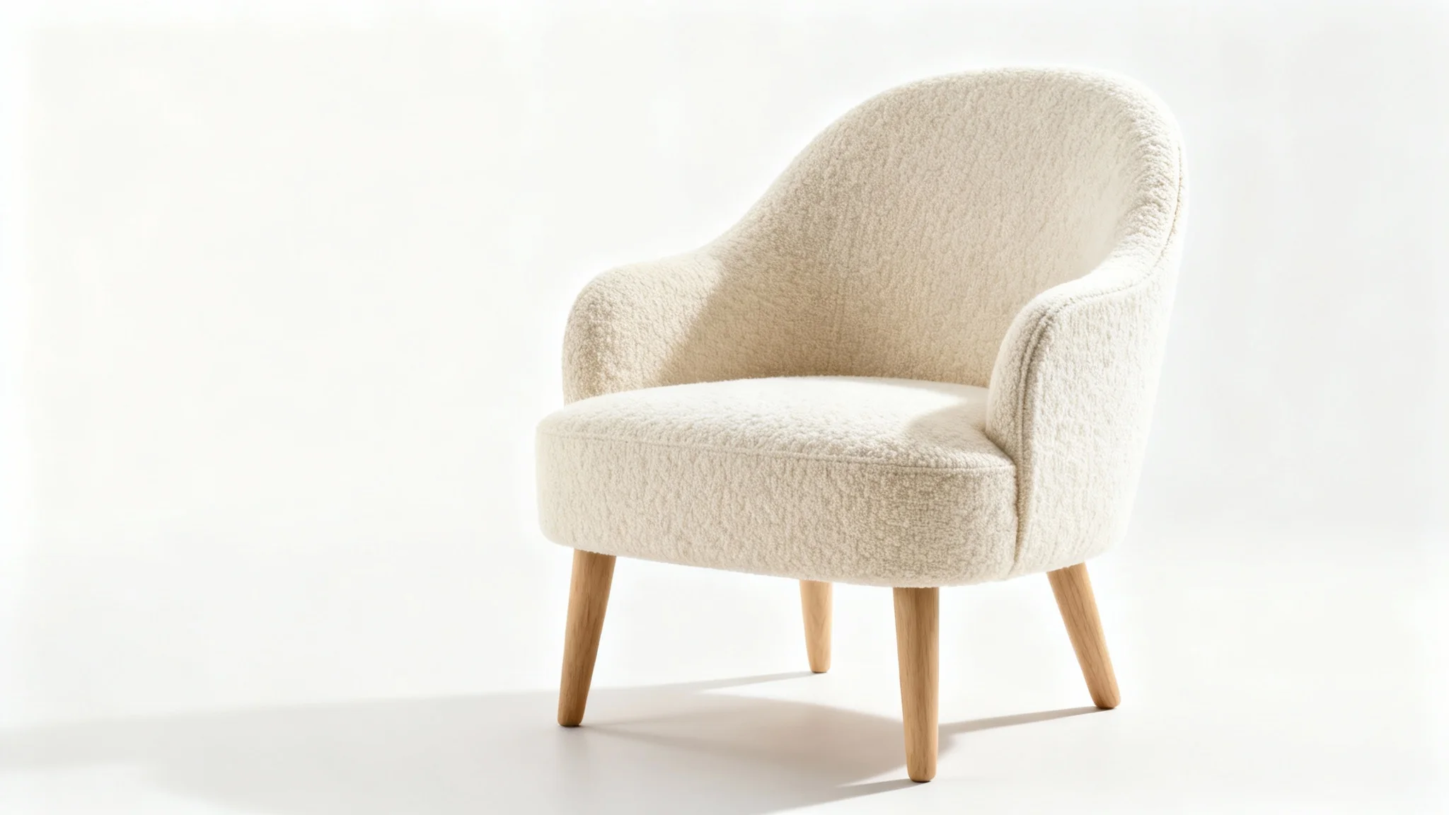 A modern, designer armchair with a cream boucle fabric and light oak legs, displayed in a minimalist studio setting against a pure white background.