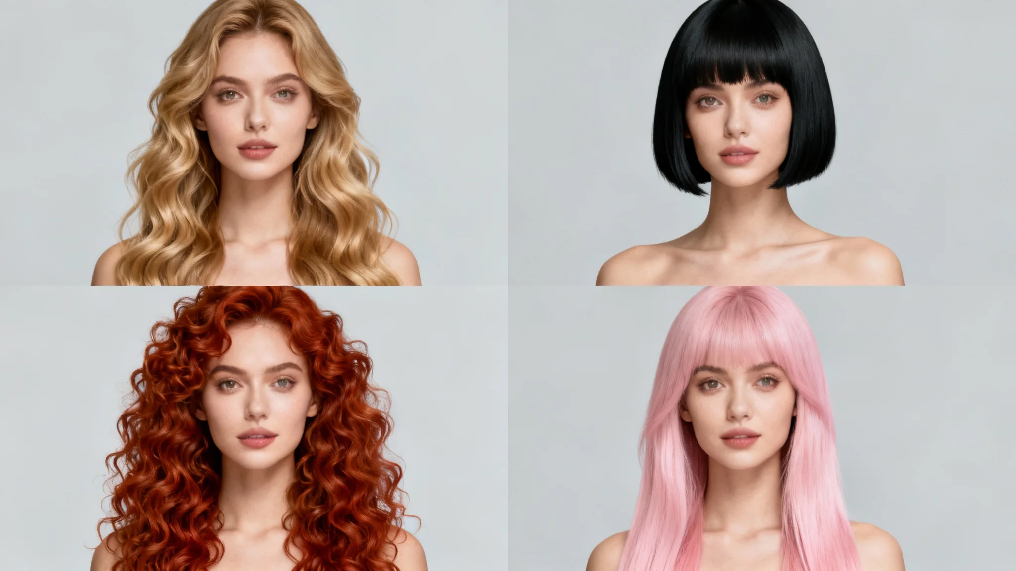 A hero image demonstrating a hair style changer, showing a 2x2 grid of the same woman with four different hairstyles: long blonde waves, a short black bob, a curly red style, and long pastel pink hair.