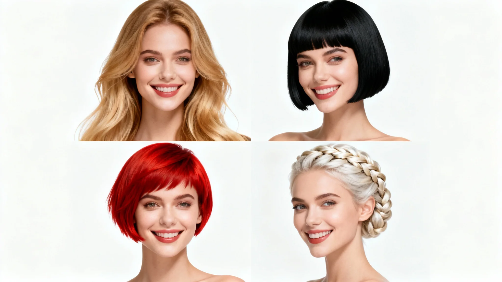 A four-panel collage demonstrating a hairstyle changer. The same woman is shown with four different looks: long blonde waves, a short black bob, a red pixie cut, and a blonde braided updo.