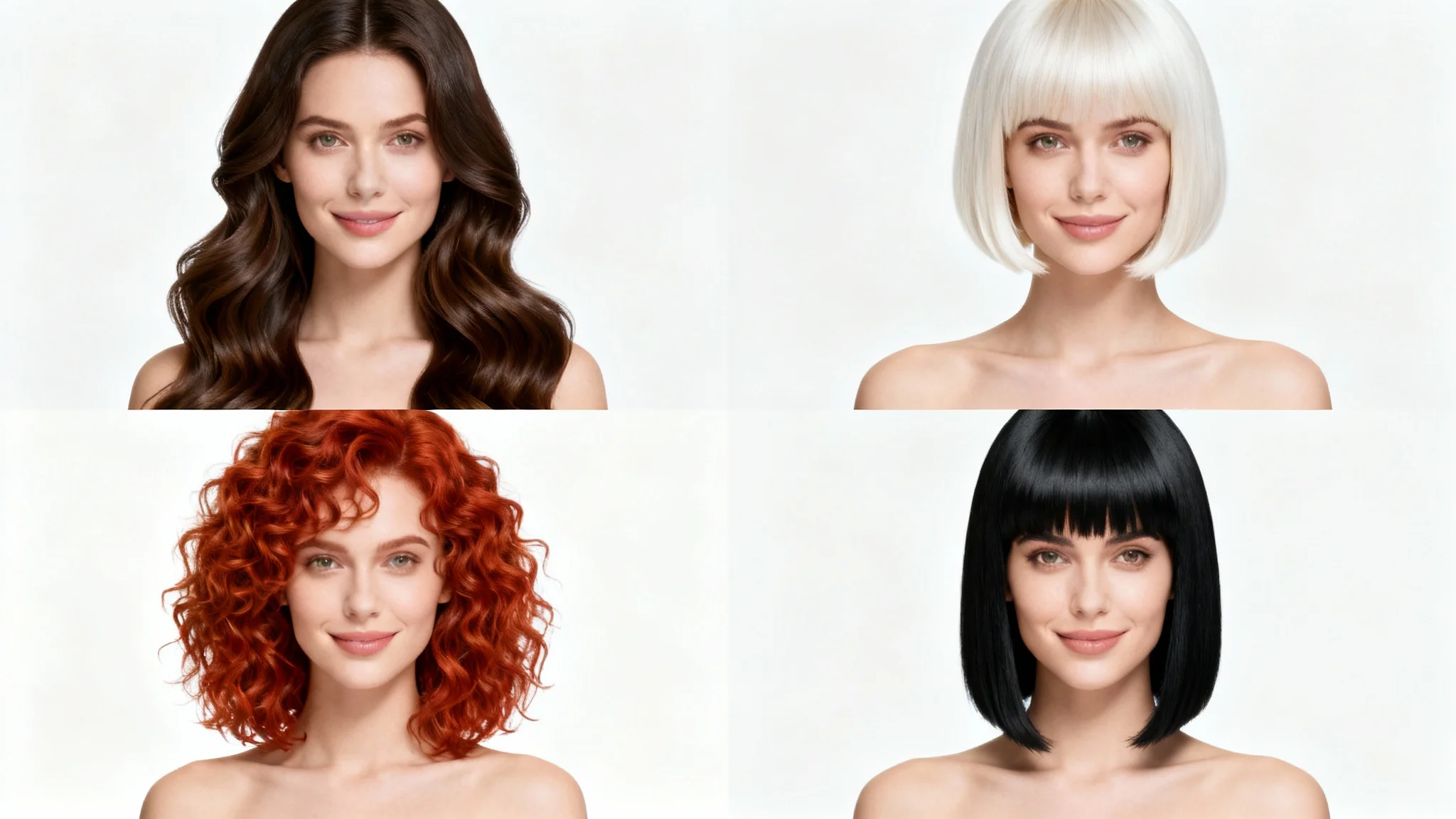 A four-panel grid showing a woman with four different hairstyles: long wavy brunette, short blonde bob, curly red, and straight black hair, demonstrating a hairstyle changer.