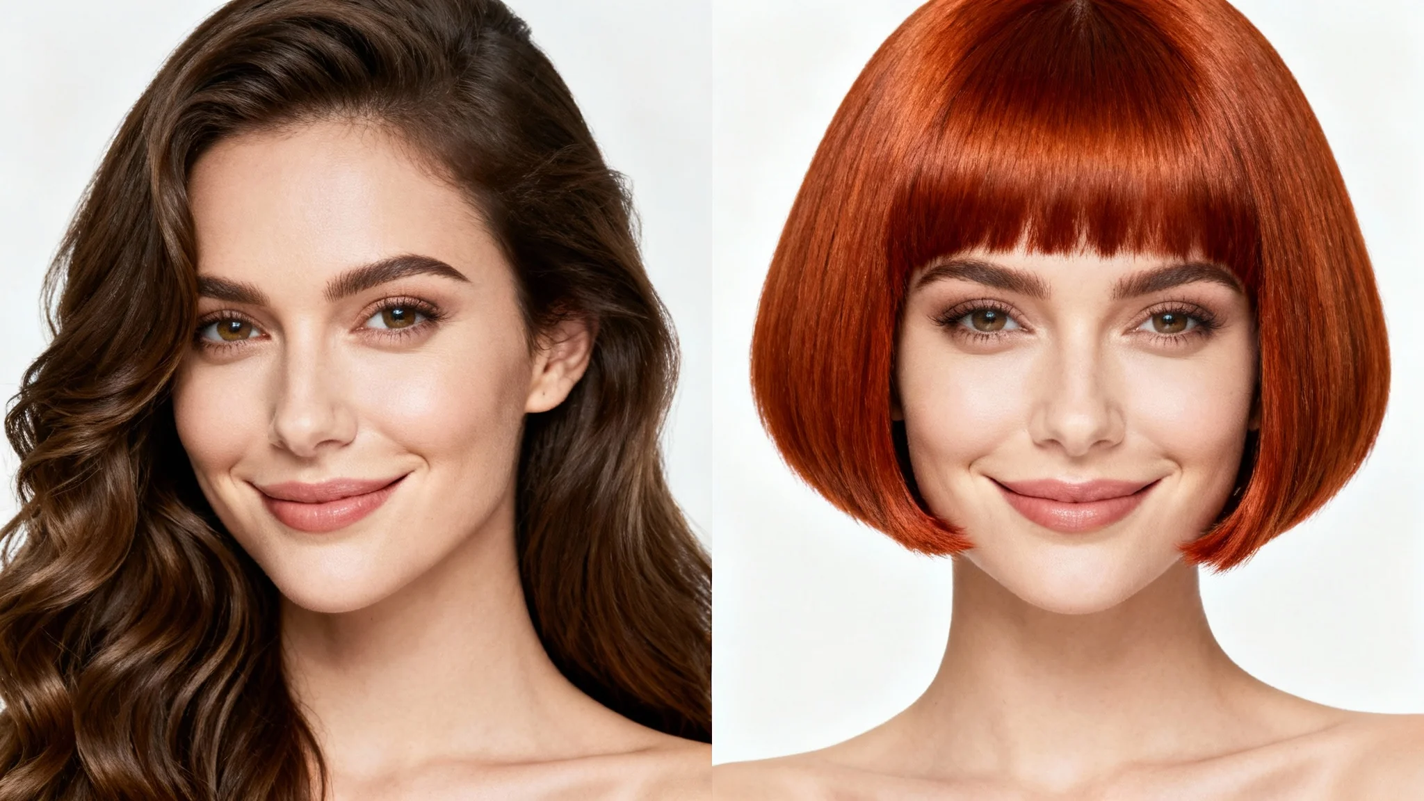 A split portrait of a woman showing two different hairstyles: long, wavy brown hair on one side, and a short, copper-red bob on the other, representing a hair style changer.