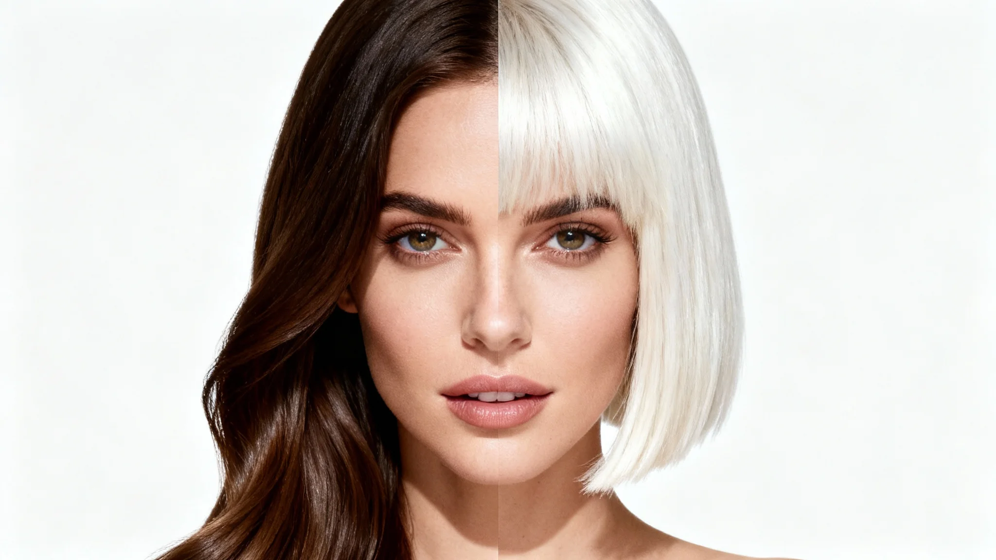 A conceptual image showing a woman with two different hairstyles split down the middle of her face. The left side shows long, dark brown hair, and the right side shows a short, platinum blonde bob, against a plain white background.