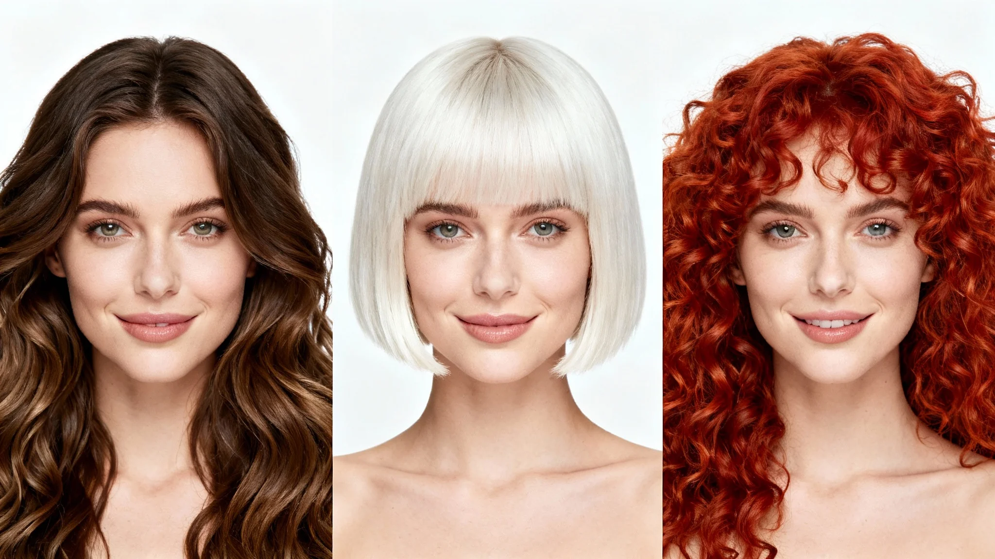 A set of three studio headshots of the same woman showing a hairstyle transformation: one with long brown hair, one with a blonde bob, and one with curly red hair, all against a white background.