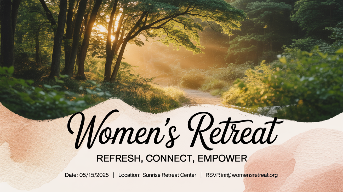 A finished flyer for a 'Women's Retreat' showing the final design. It features a peaceful forest background and elegant text with the event's date, location, and contact information.