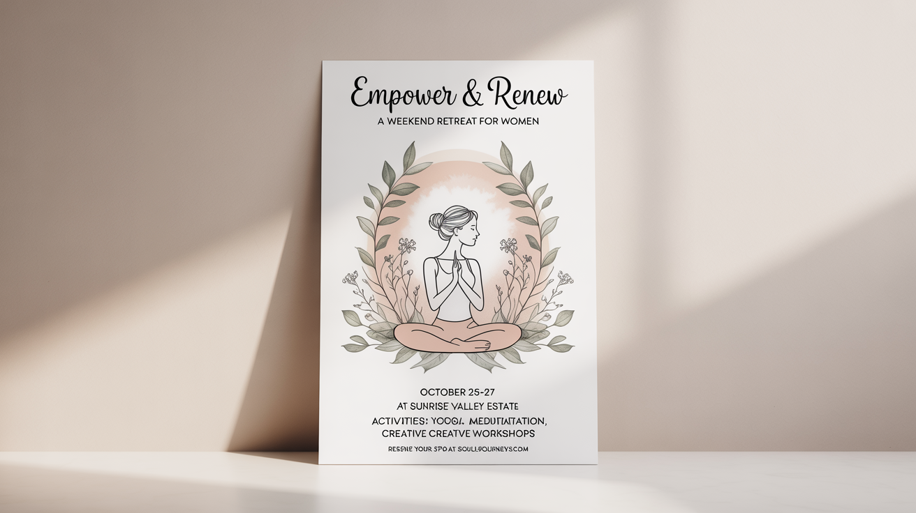 A mockup of an elegant women's retreat flyer titled 'Empower & Renew', featuring a serene design with botanical illustrations, details for a weekend retreat, and a call to action, all set against a clean white background.
