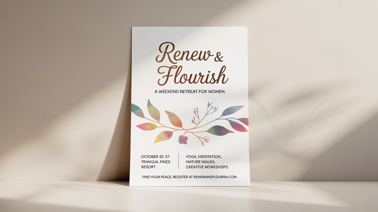 A mockup of a beautifully designed flyer for a women's retreat called 'Renew & Flourish', set against a clean white background. The flyer uses a soft color palette of pink and green, with gold text and botanical illustrations.