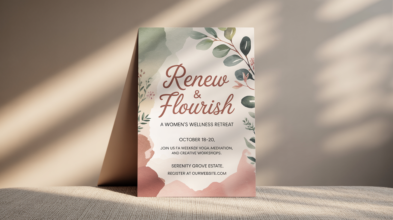 A mockup of an elegant women's retreat flyer titled 'Renew & Flourish'. The flyer has a soft, natural design with watercolor illustrations and provides event details, all set against a plain white background.