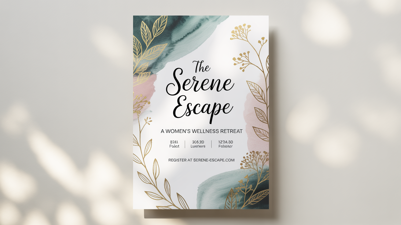A mockup of a beautifully designed flyer for a women's wellness retreat called 'The Serene Escape', featuring elegant typography, watercolor background, and botanical illustrations, all set against a clean white backdrop.