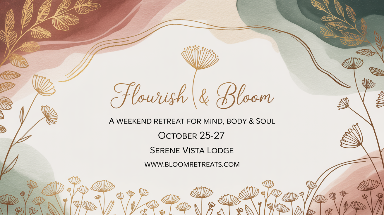 A mockup of an elegant women's retreat flyer titled 'Flourish & Bloom', featuring a soft watercolor design with gold floral line art, set against a plain white background.