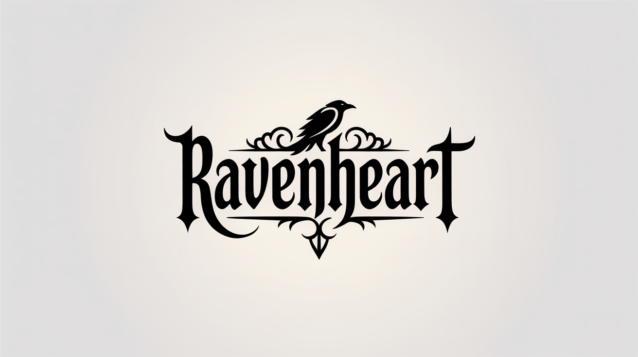 A professionally designed gothic logo for a fictional brand 'RAVENHEART'. The logo uses a detailed blackletter font and incorporates a raven emblem with filigree, all in black on a clean white background.