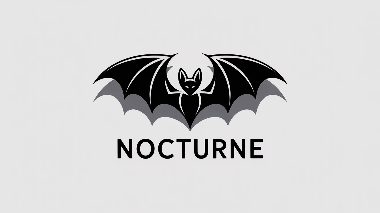 A modern gothic logo mockup featuring a stylized bat with the word 'Nocturne' in blackletter font, presented on a clean white background.