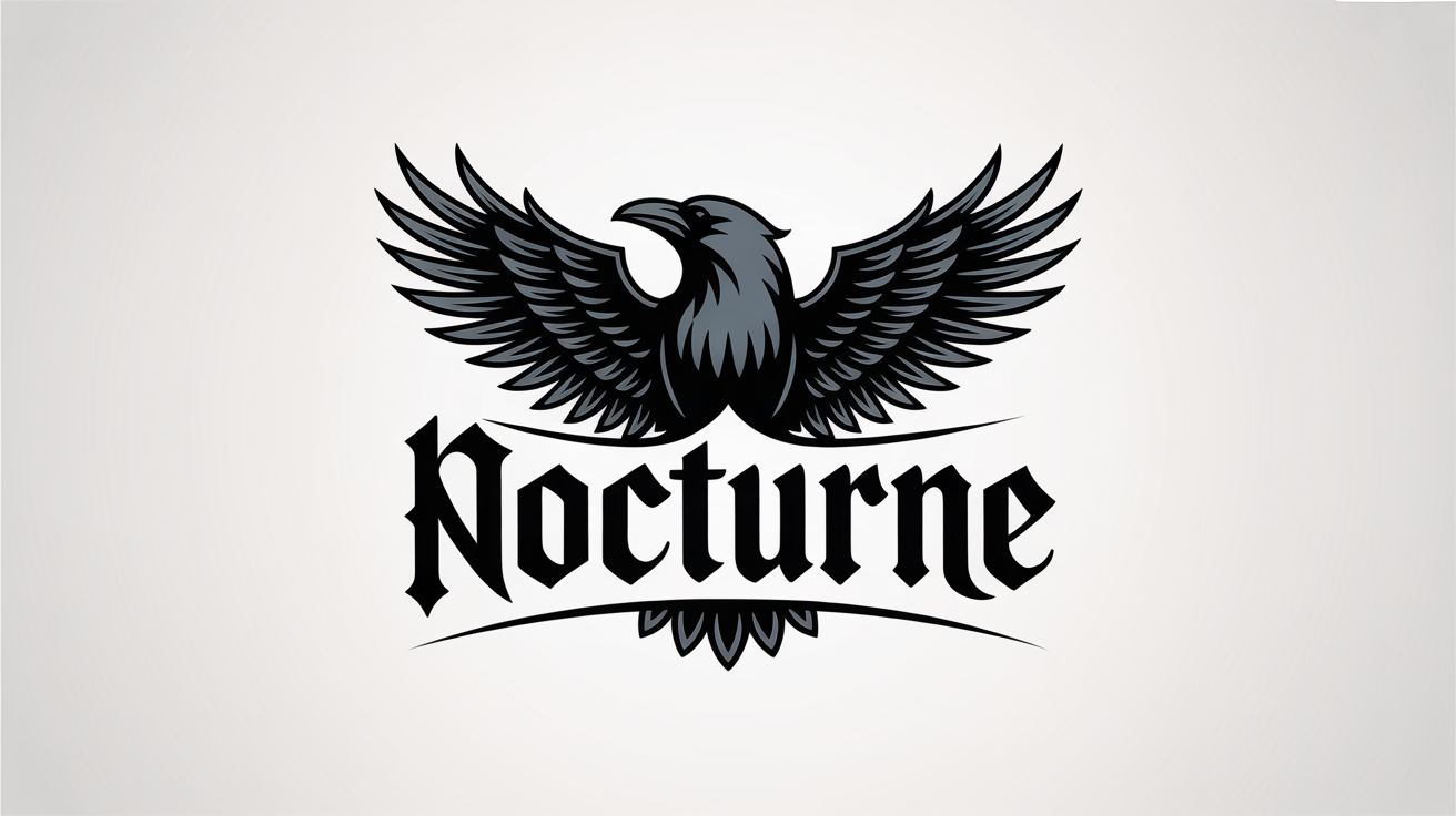 A professionally designed gothic logo featuring a stylized raven and the word 'NOCTURNE' in a blackletter font, rendered in black and silver against a white background.