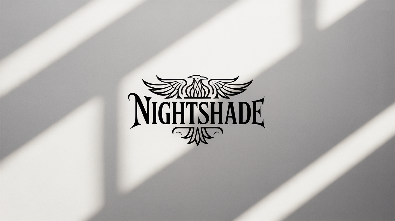 A modern gothic logo for the fictional brand 'NIGHTSHADE', featuring a raven emblem and ornate blackletter typography, displayed on a white background.