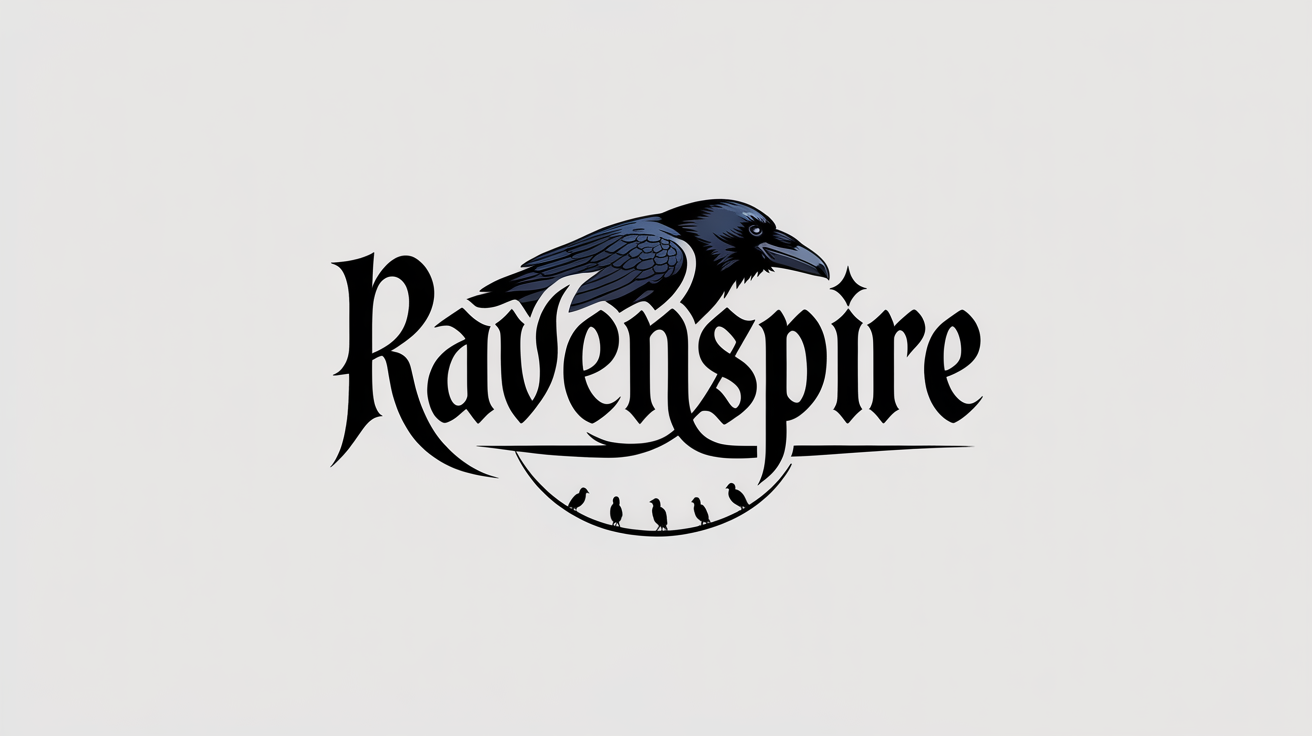 A professionally designed gothic logo featuring the word 'RAVENSPIRE' in an ornate blackletter font, integrated with a stylized crow illustration, presented in black on a white background.