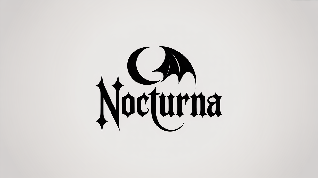 A modern gothic logo mockup for the brand 'NOCTURNA' in a blackletter font with a bat wing and crescent moon icon, displayed on a clean white background.