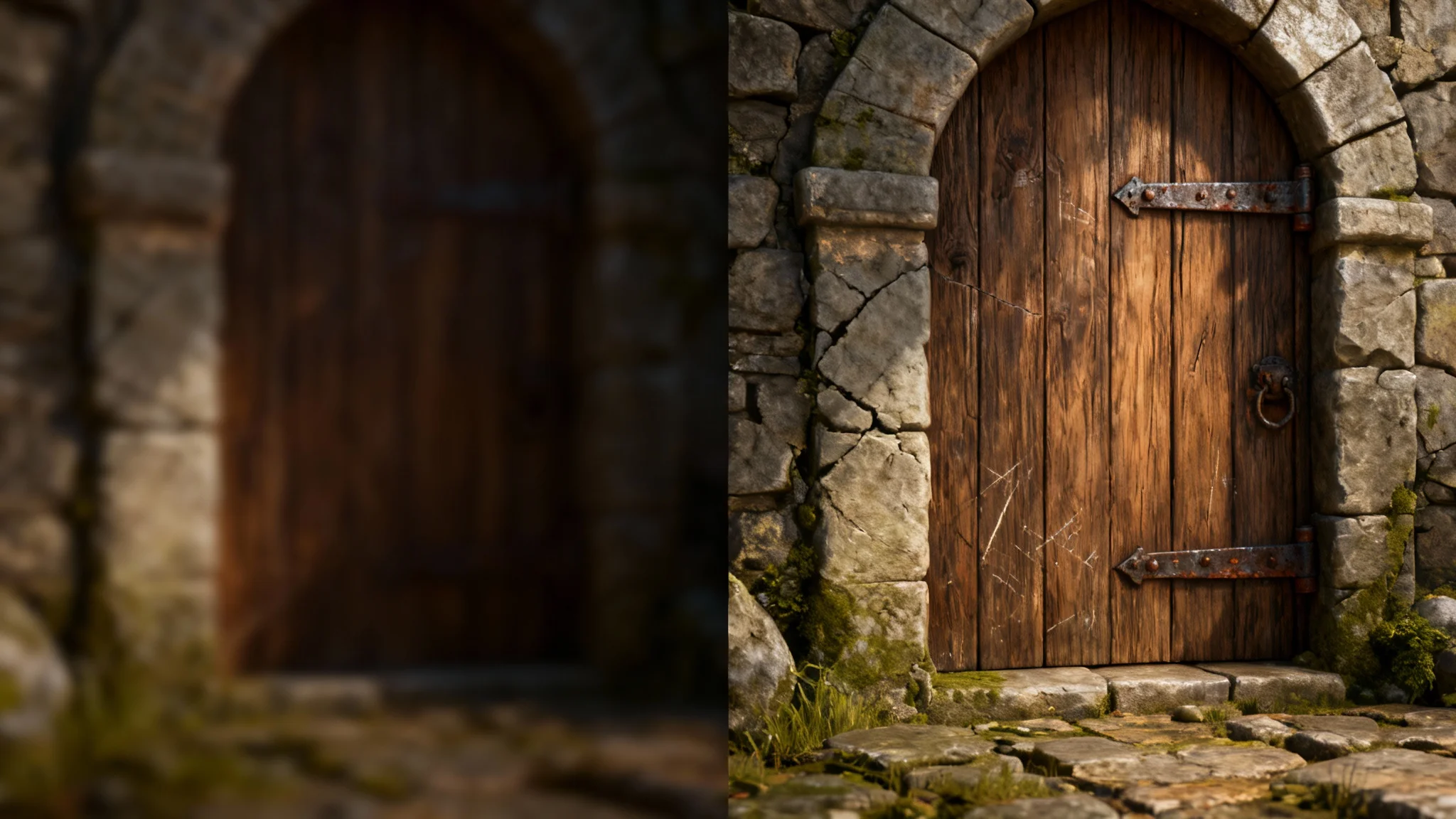 A split-screen image comparing a video game scene before and after texture enhancement. The left side shows a blurry, low-quality game scene of a stone wall. The right side shows the same scene with crisp, ultra-realistic, and detailed textures, making it look like a modern high-end video game.