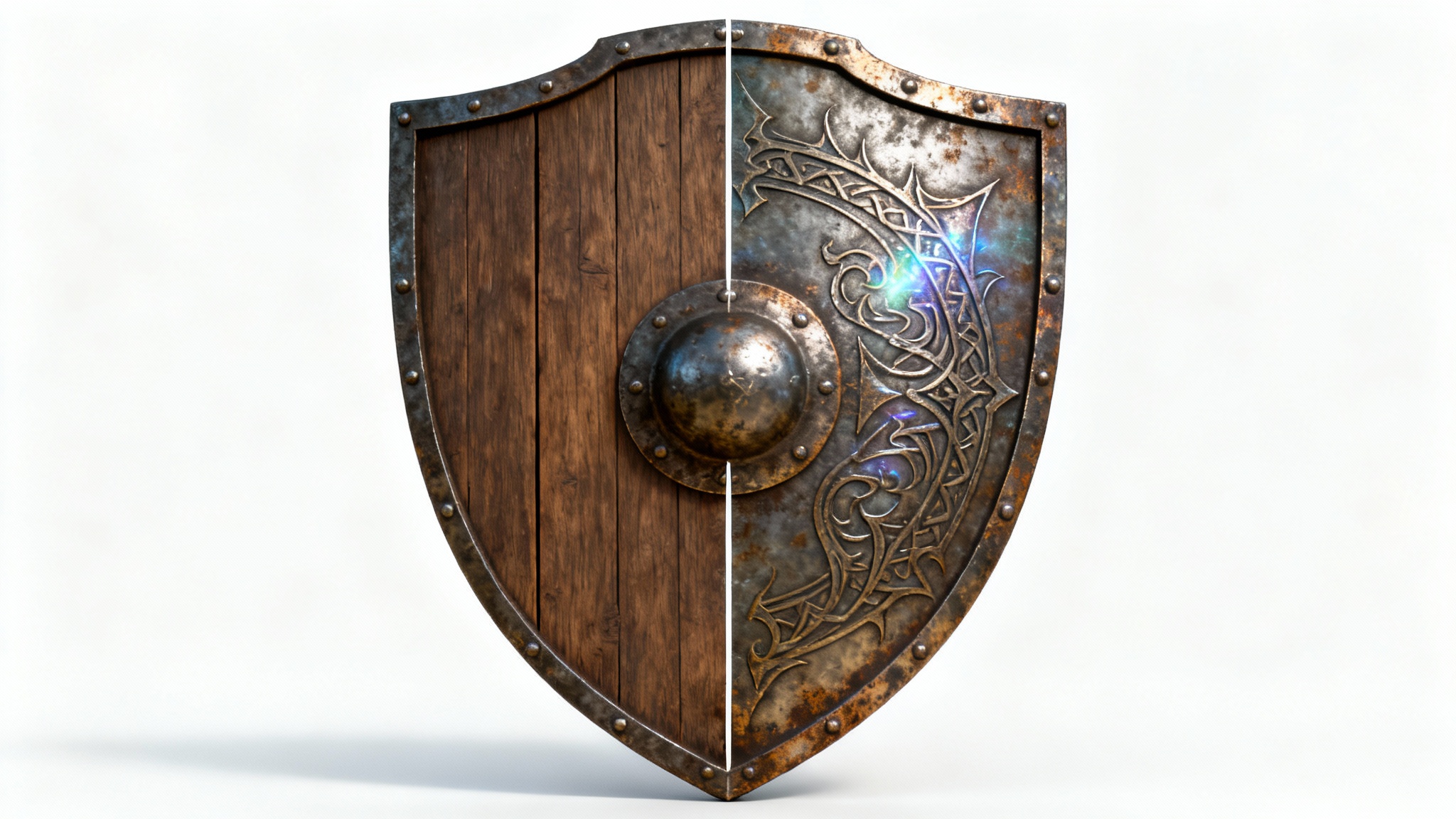A 3D model of a medieval shield on a white background, illustrating a texture edit. The left half has a basic wood texture, while the right half features a hyper-realistic, detailed metal texture.