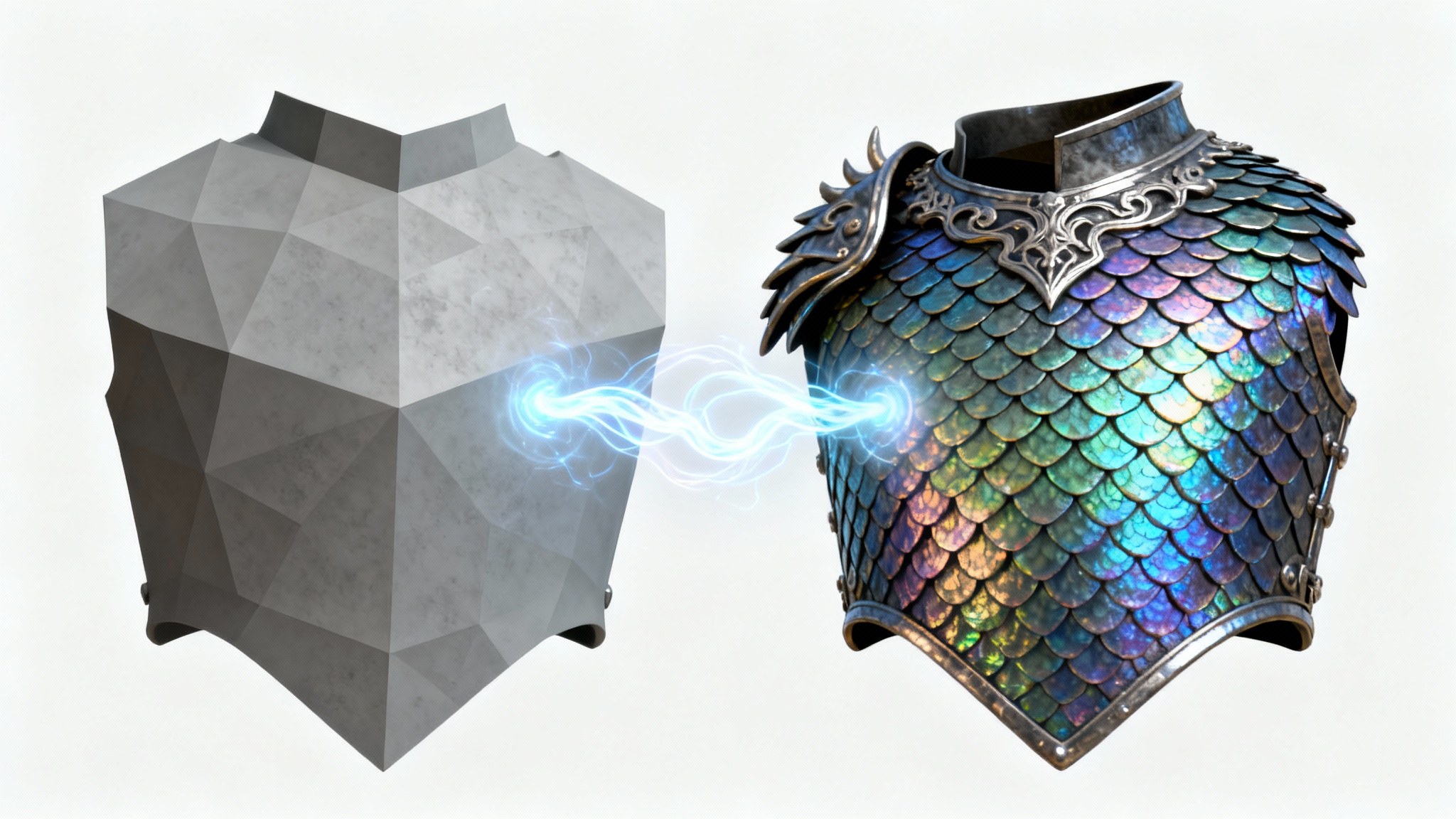 A 3D model of a piece of dragon scale armor being texturally enhanced. One half is a simple grey model, while the other half has a hyper-realistic, iridescent scaly texture being applied by a magical light effect, all against a plain white background.