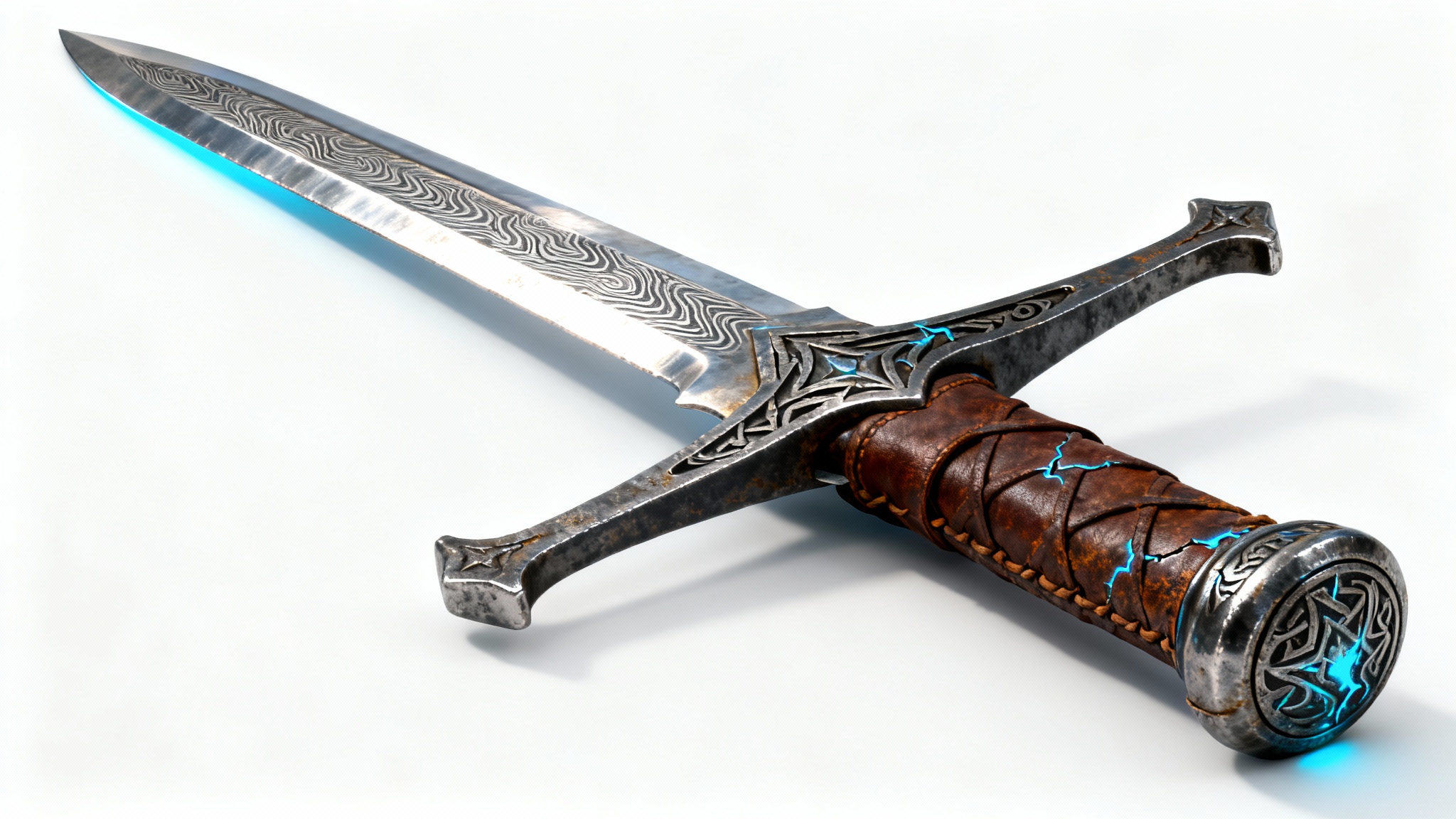 A detailed 3D model of a fantasy sword with intricate textures on the blade, hilt, and guard, displayed on a white background to showcase game texture editing capabilities.